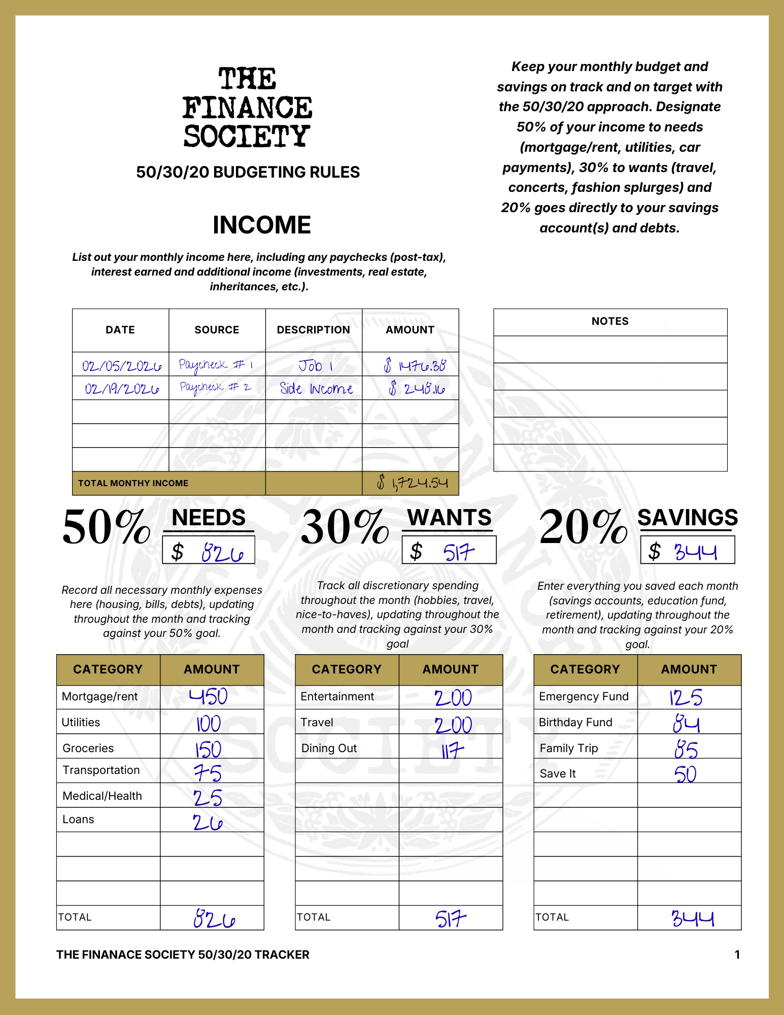 The 50/30/20 Budget Planner