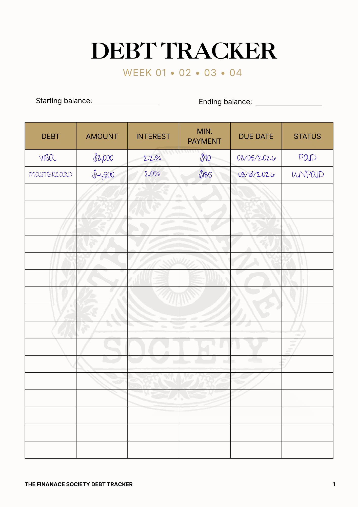 The Finance Society Weekly Debt Tracker – Monthly Payoff System